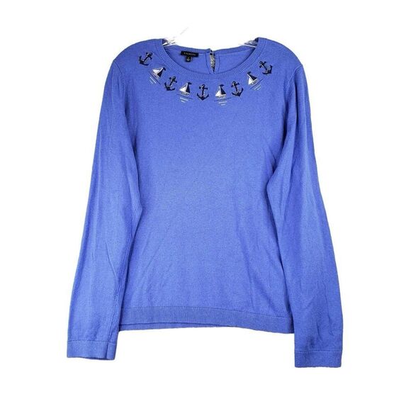 Talbots Sweater Women's Large Blue Sailboat Coastal Beach Pullover Cotton - Picture 2 of 8